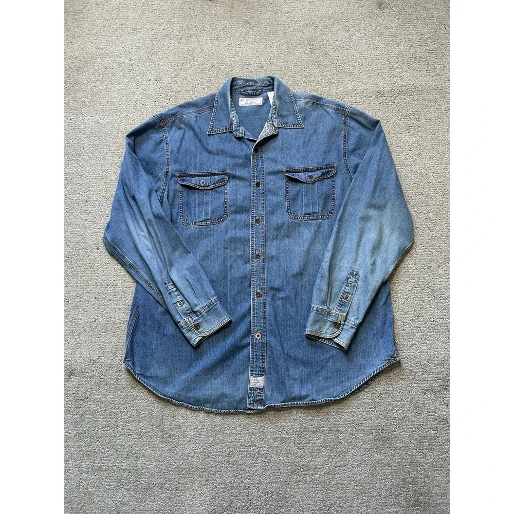 Levi's Vintage Blue Denim Shirt Men's XLT  Brass Button Up Western Work Shirt